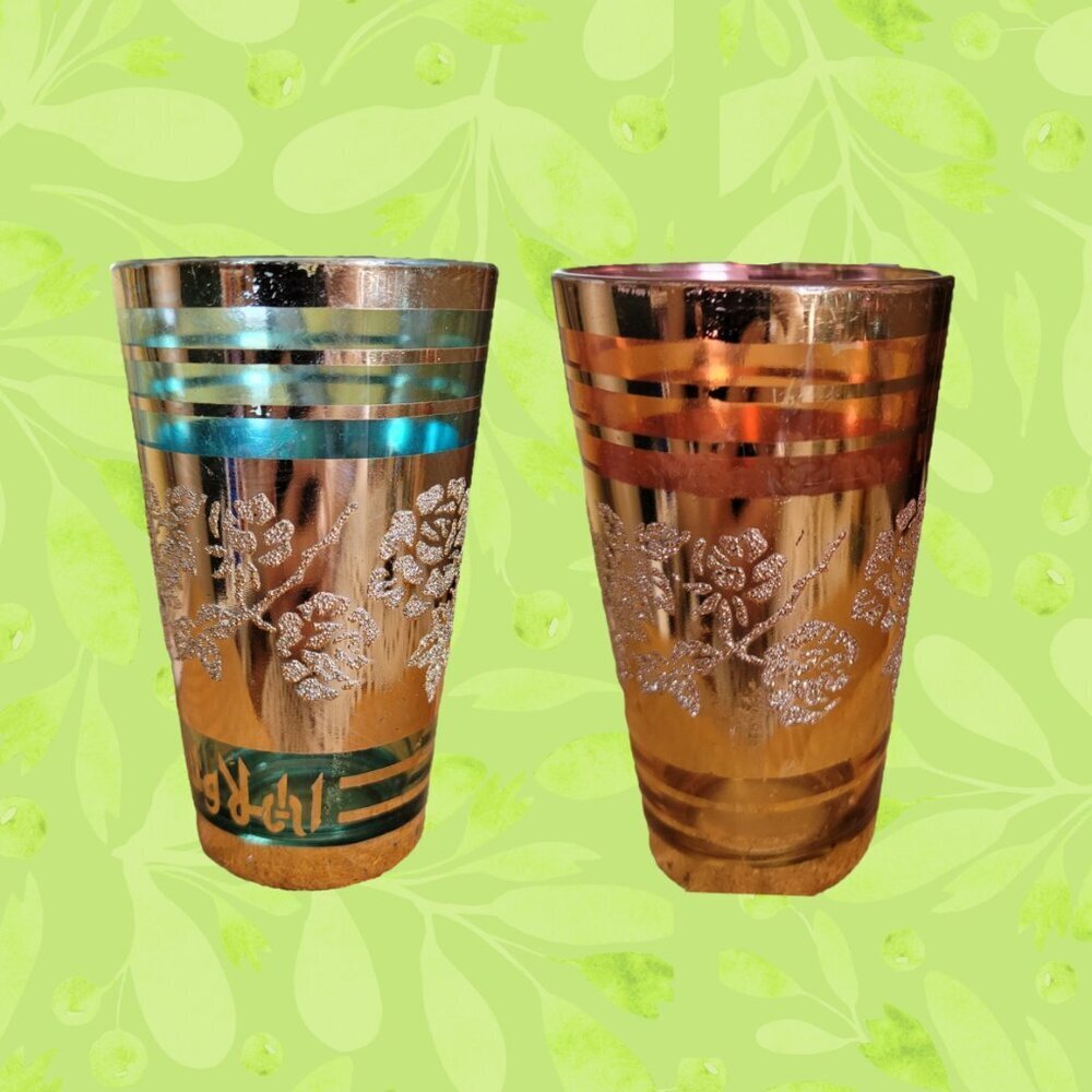 12 Vintage Drinking Glasses from Korea - Orange, Turquoise & Gold Roses